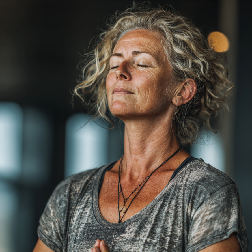 Група людей старшого віку займається йогою на природі